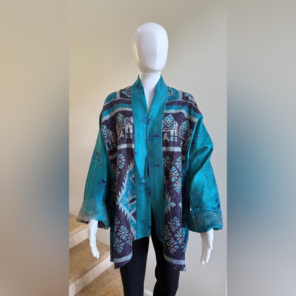 100% Silk Reversible Kantha Jacket, One Size - Picture 1 of 8